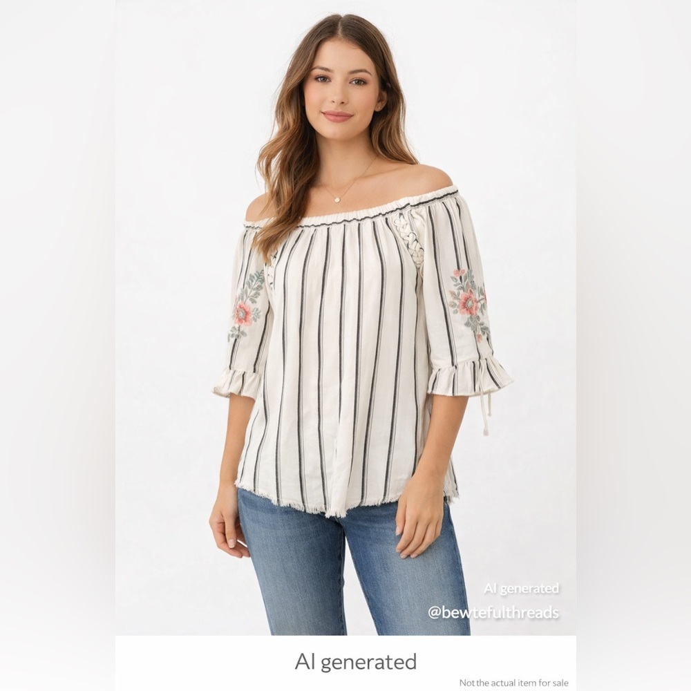 Standard Grace M Ivory Stripe Embroidered Boho Peasant Top Raw Hem